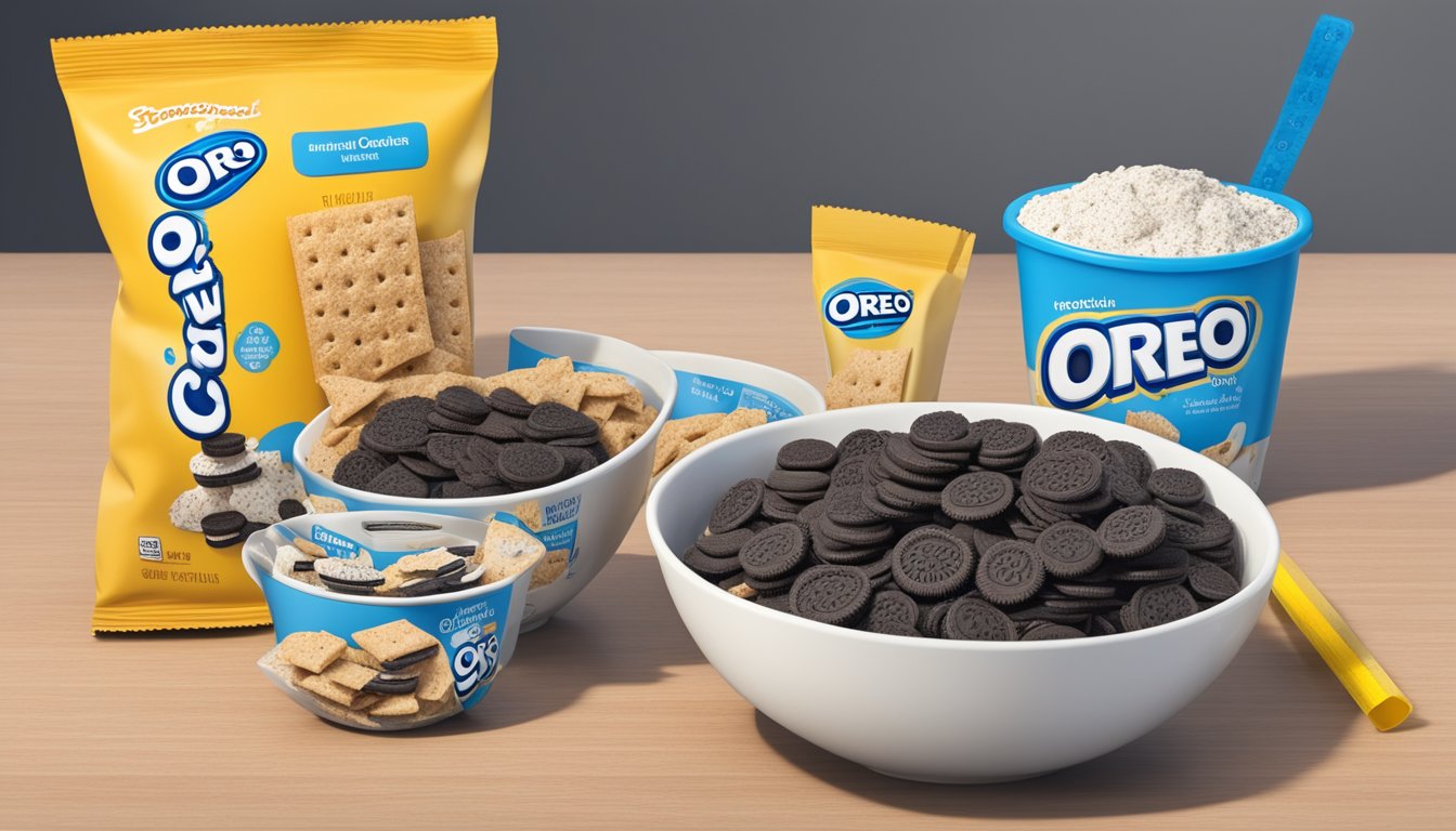 A bowl of cinnamon toast crunch and a bowl of oreo os side by side, with a measuring tape and nutritional information displayed nearby