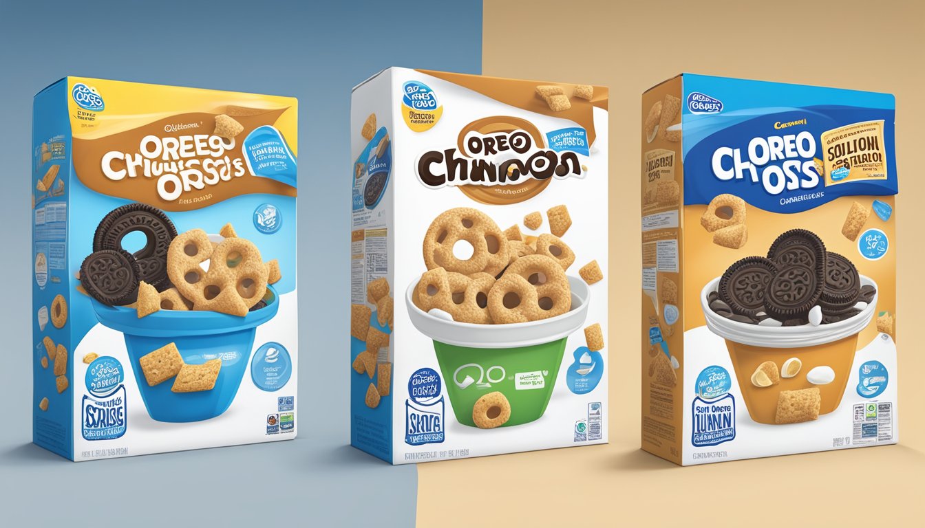 A comparison of Cinnamon Toast Crunch and Oreo O's cereal boxes with nutritional labels and ingredient lists displayed side by side