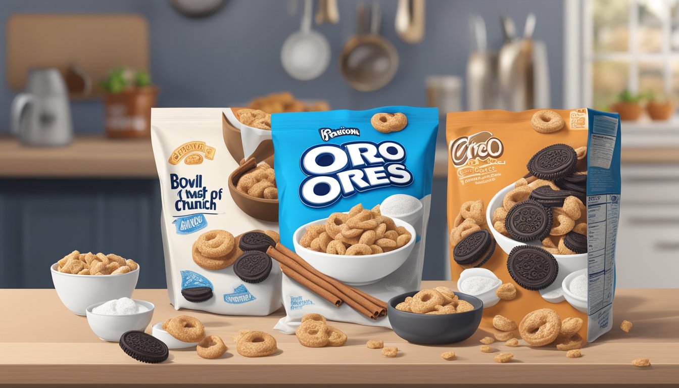 A bowl of cinnamon toast crunch and a bowl of Oreo O's sitting side by side on a table, surrounded by various nutritional labels and ingredients