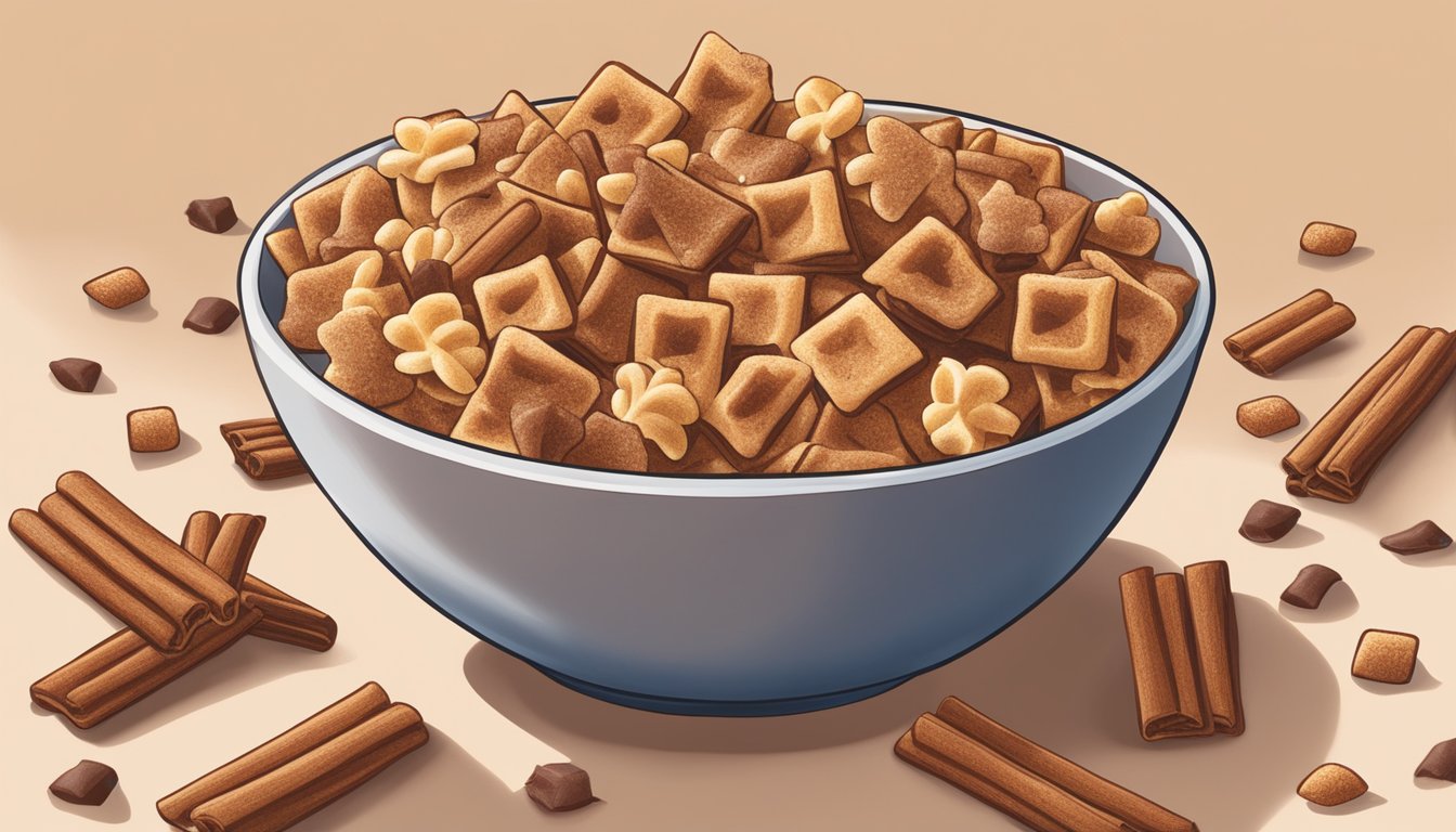 A bowl of Cinnamon Toast Crunch and Krave cereal side by side, surrounded by scattered cinnamon sticks and chocolate pieces