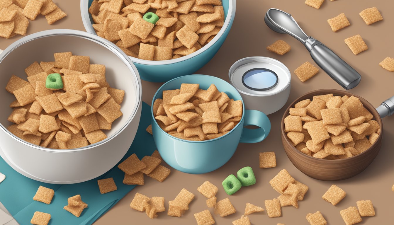 A bowl of Cinnamon Toast Crunch and Krave cereal next to each other, with a magnifying glass analyzing the ingredients