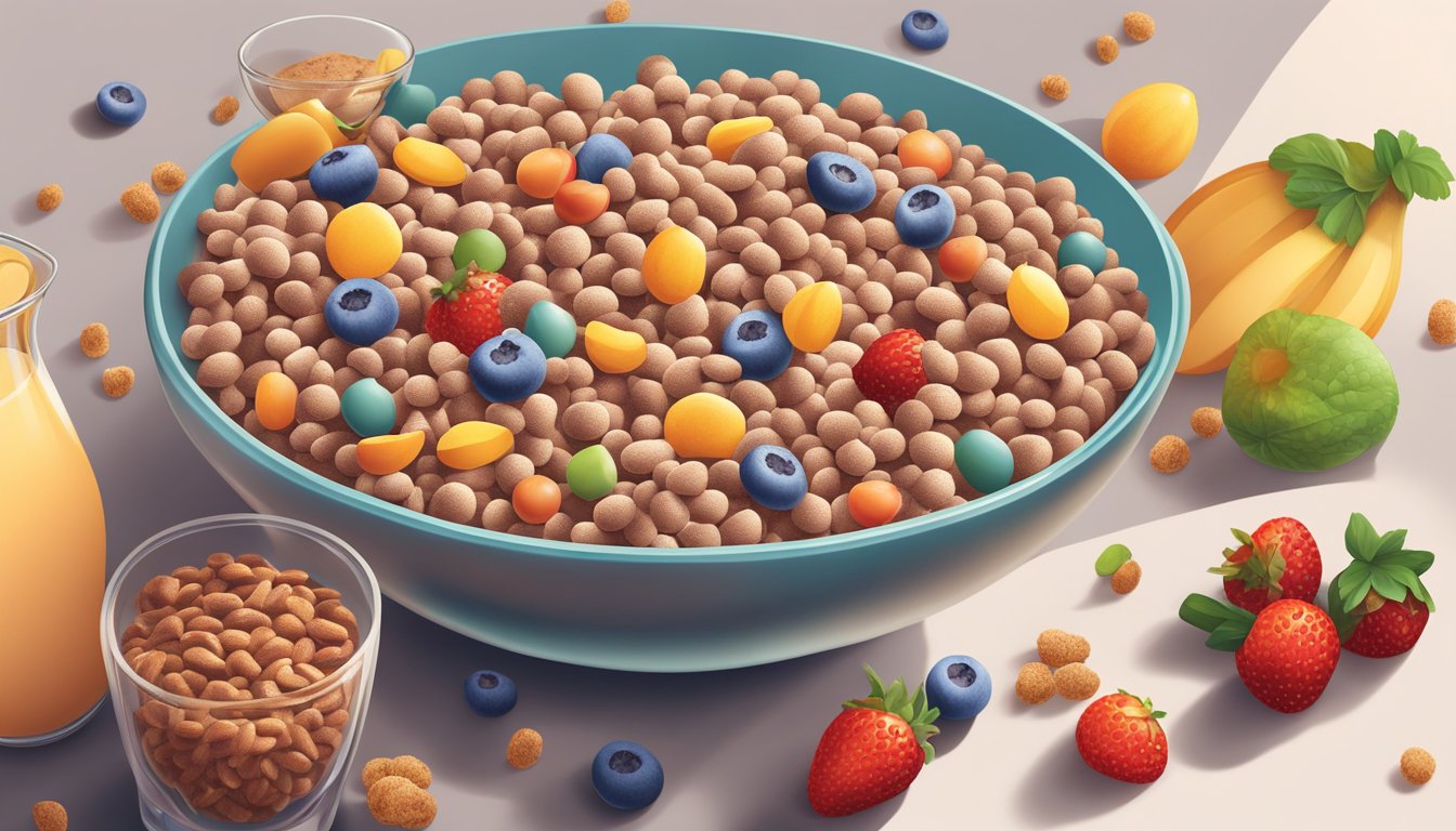 A bowl of Cocoa Krispies and Cocoa Pebbles next to a glass of milk, surrounded by a variety of fruits and vegetables