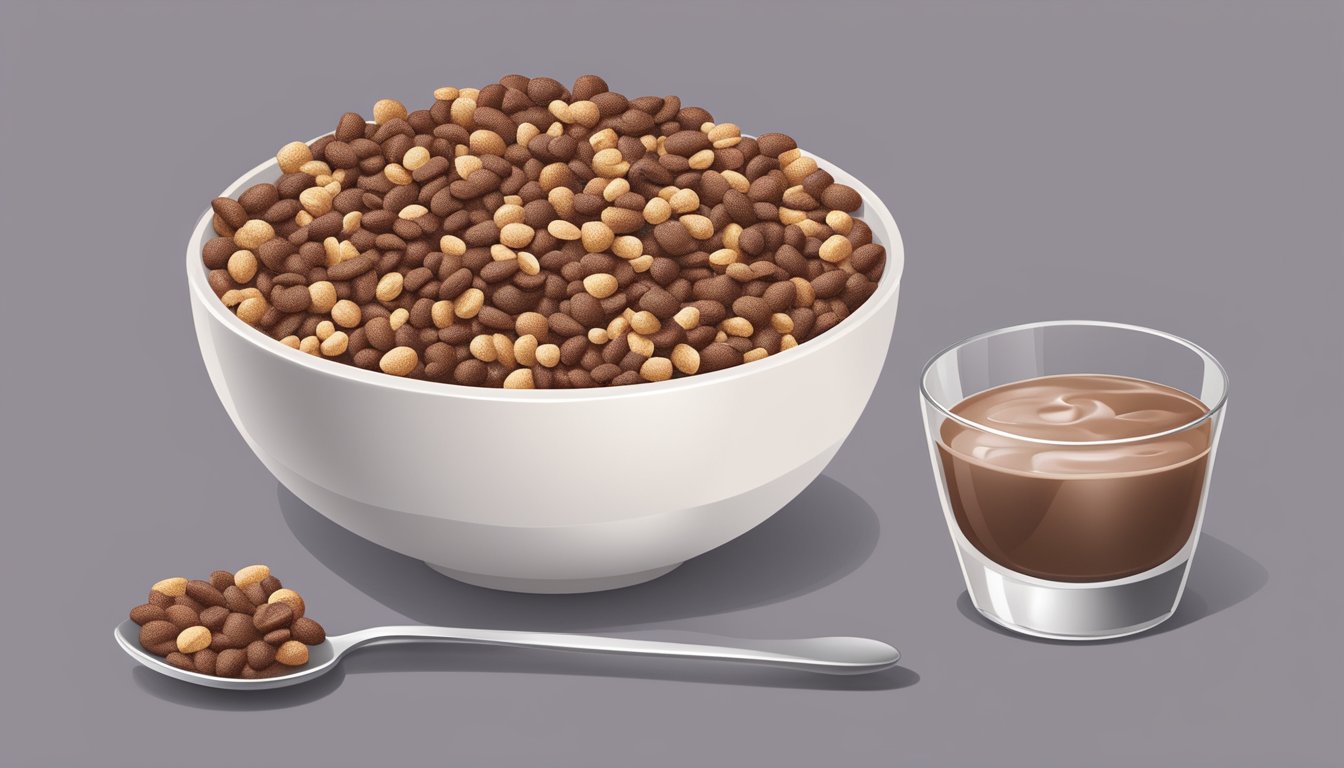 A bowl of cocoa krispies and cocoa pebbles side by side, with a spoon and glass of milk