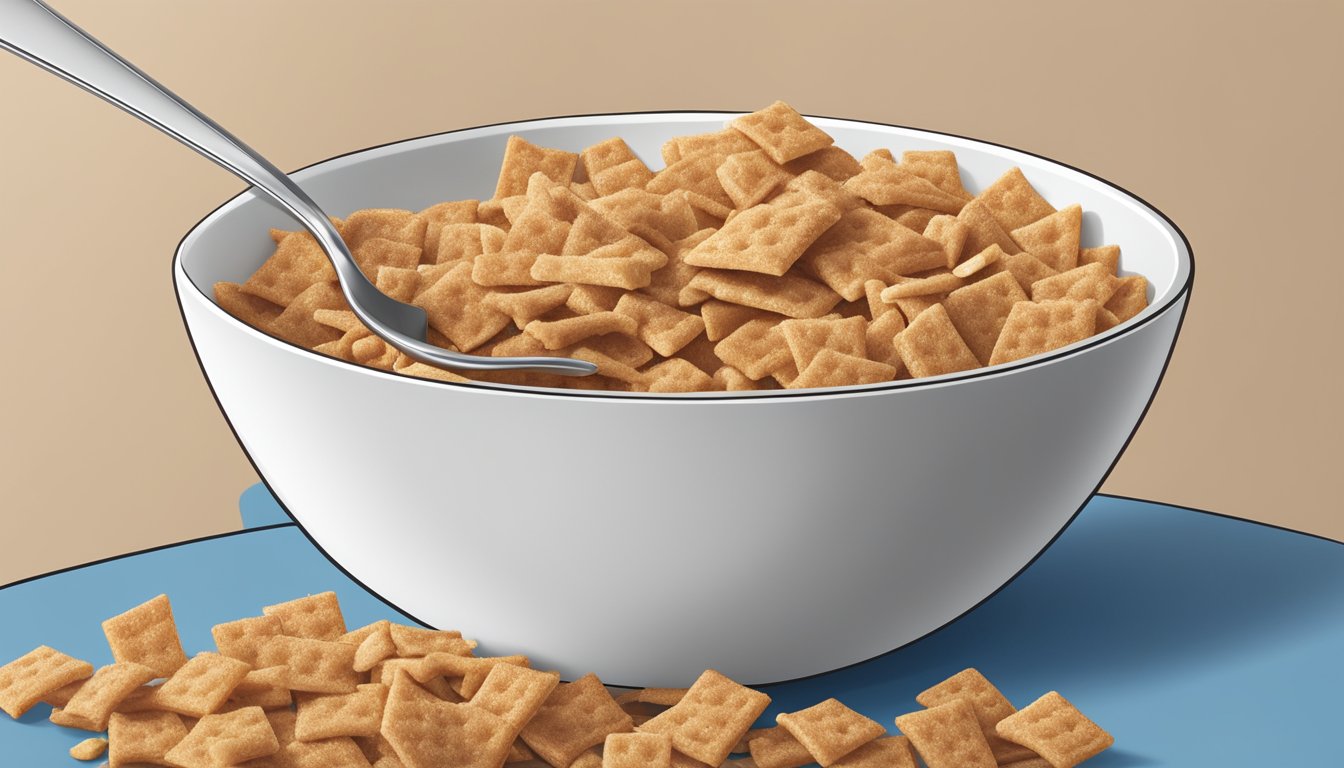 A bowl of cinnamon toast crunch and krave cereal side by side, with a spoon resting on the edge. The crunchy texture of the cinnamon toast crunch contrasts with the smoother, chocolate-filled krave