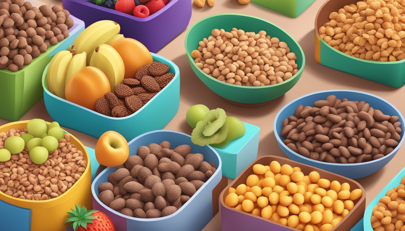 A colorful marketplace display with Cocoa Krispies and Cocoa Pebbles boxes, surrounded by fresh fruits and healthy snacks