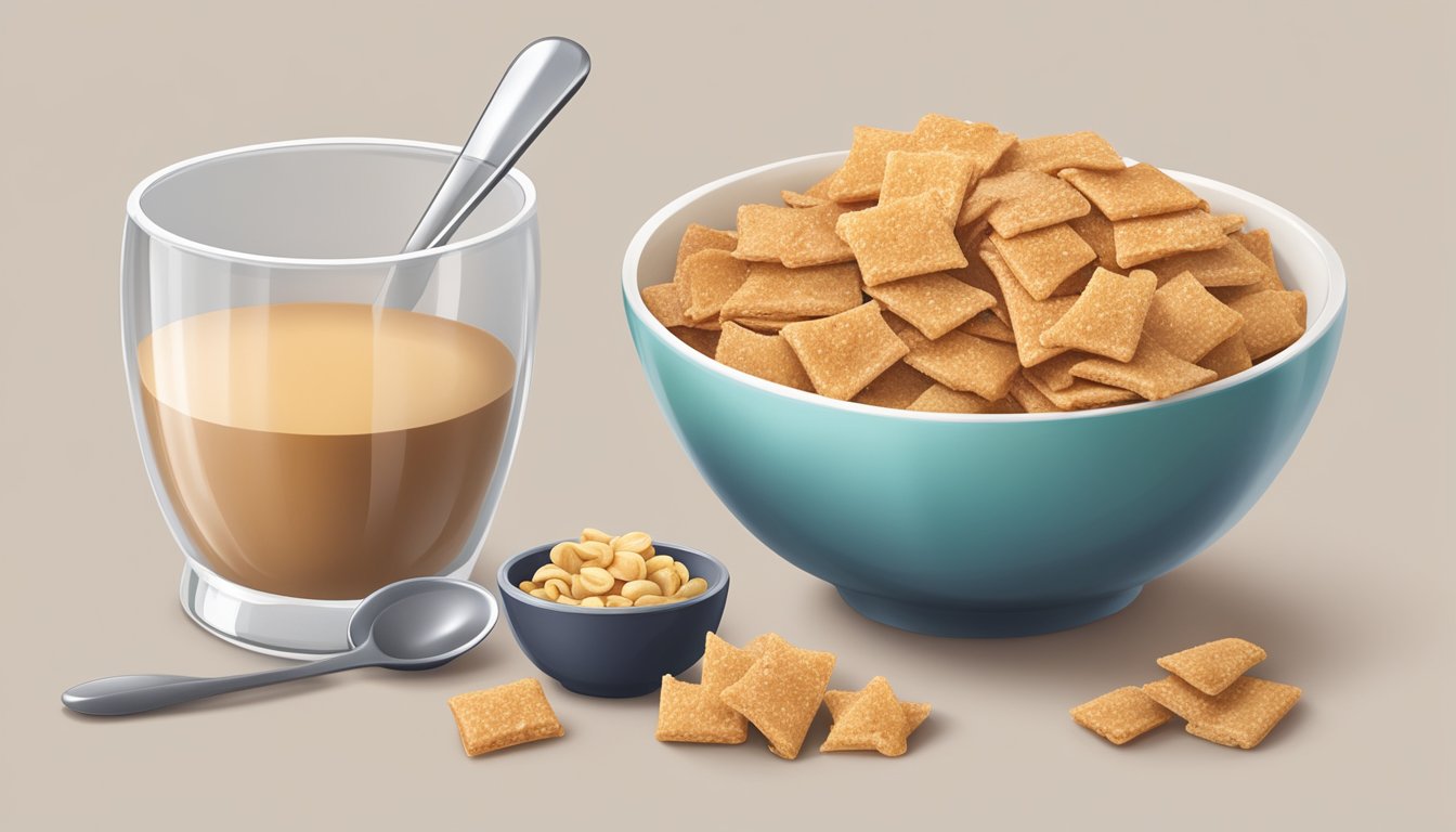 A bowl of Cinnamon Toast Crunch next to a bowl of Krave cereal, with a measuring cup and spoon