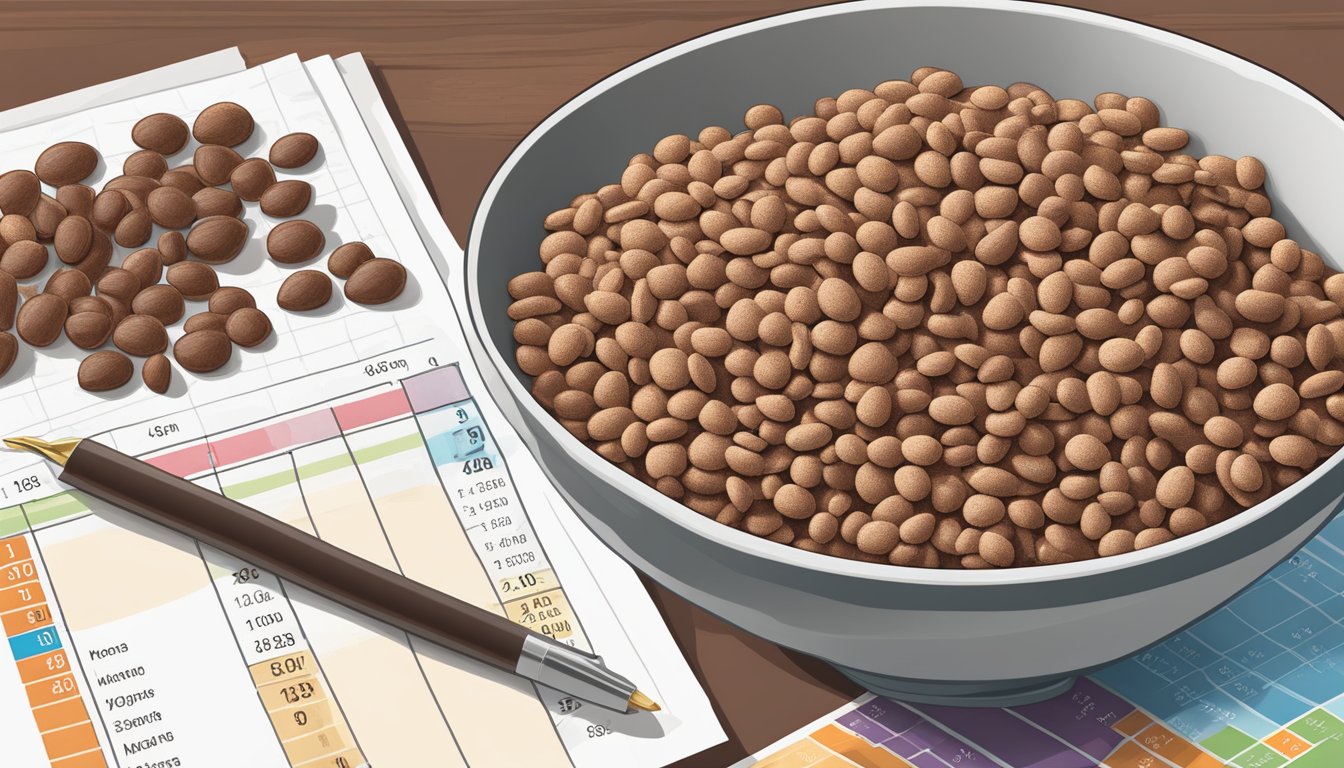 A bowl of Cocoa Krispies and a bowl of Cocoa Pebbles next to each other, with a measuring tape and a nutritional chart in the background