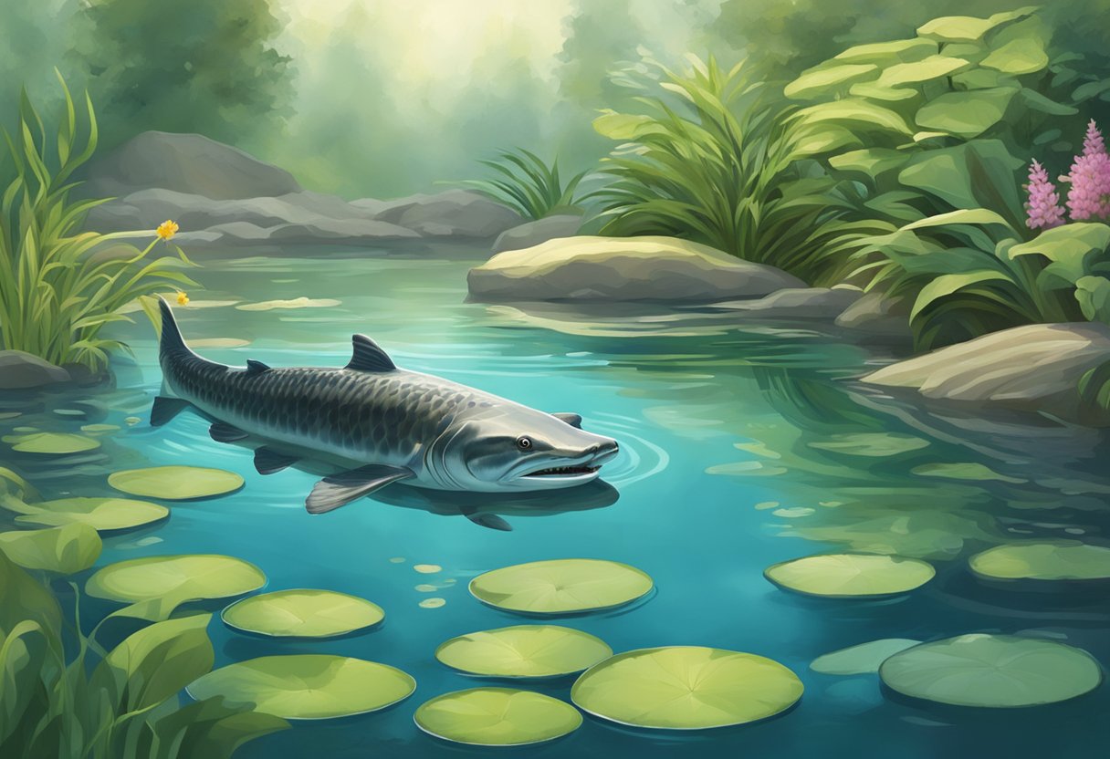 A serene garden pond with lush aquatic plants and a large sturgeon gliding gracefully through the clear water