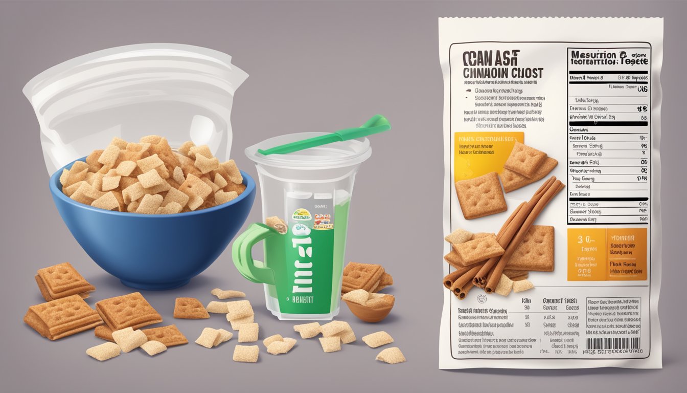 A bowl of cinnamon toast crunch and trix side by side, with a measuring cup and nutrition labels nearby