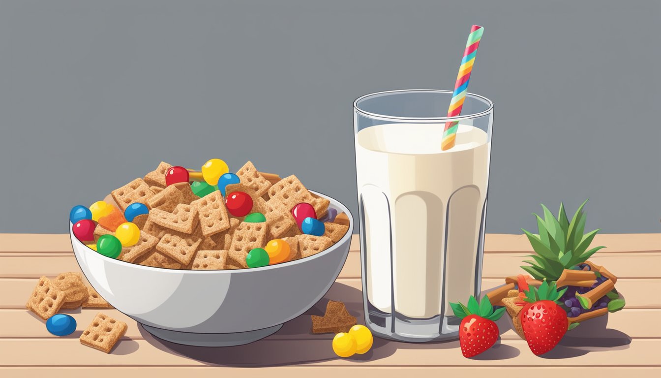 A bowl of Cinnamon Toast Crunch and Trix cereal side by side on a table, surrounded by a variety of fresh fruits and a glass of milk