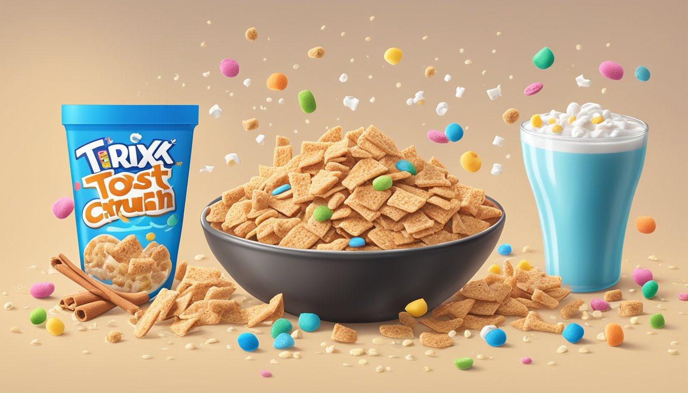 A bowl of Cinnamon Toast Crunch and a bowl of Trix side by side, surrounded by scattered cereal pieces and milk splashes