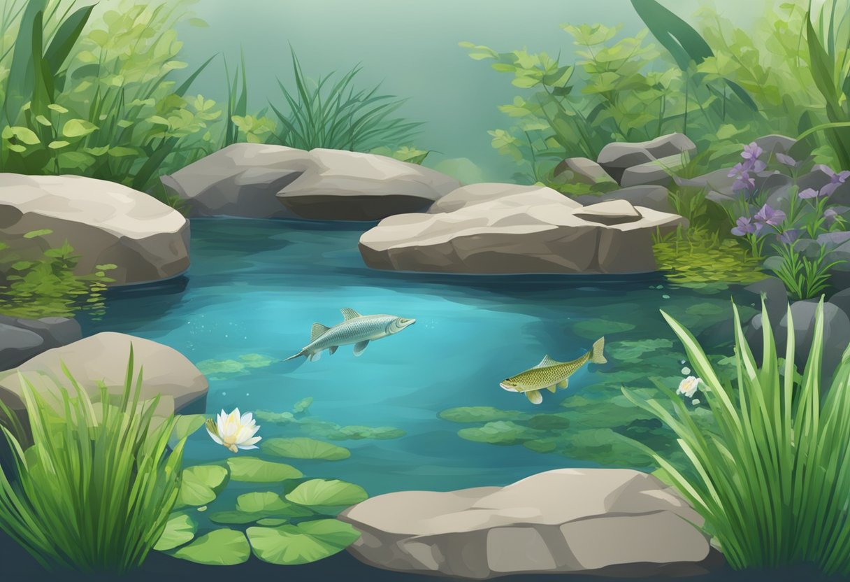 A garden pond with clear water, aquatic plants, and rocky substrate, with a spacious area for sturgeon to swim freely