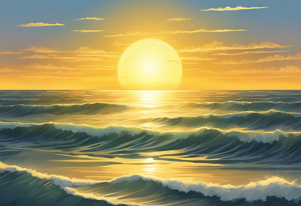 Digital artwork of Big sun sunset over the ocean with waves
