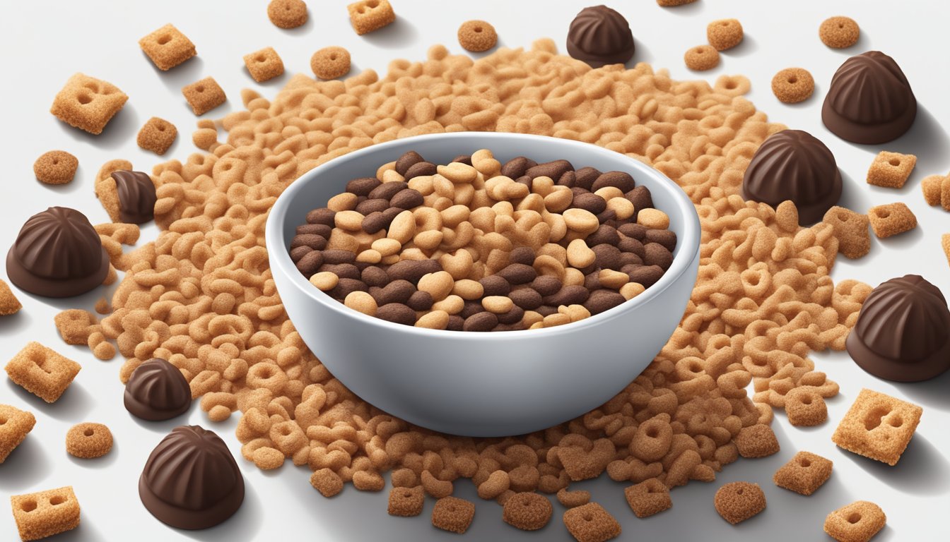 A bowl of Cocoa Krispies and Crispix cereal with milk, surrounded by scattered cocoa powder and grains