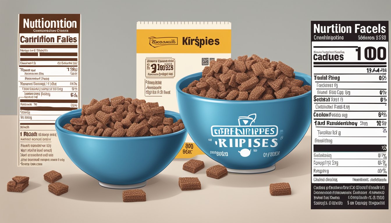 A bowl of Cocoa Krispies and Crispix side by side with nutrition labels