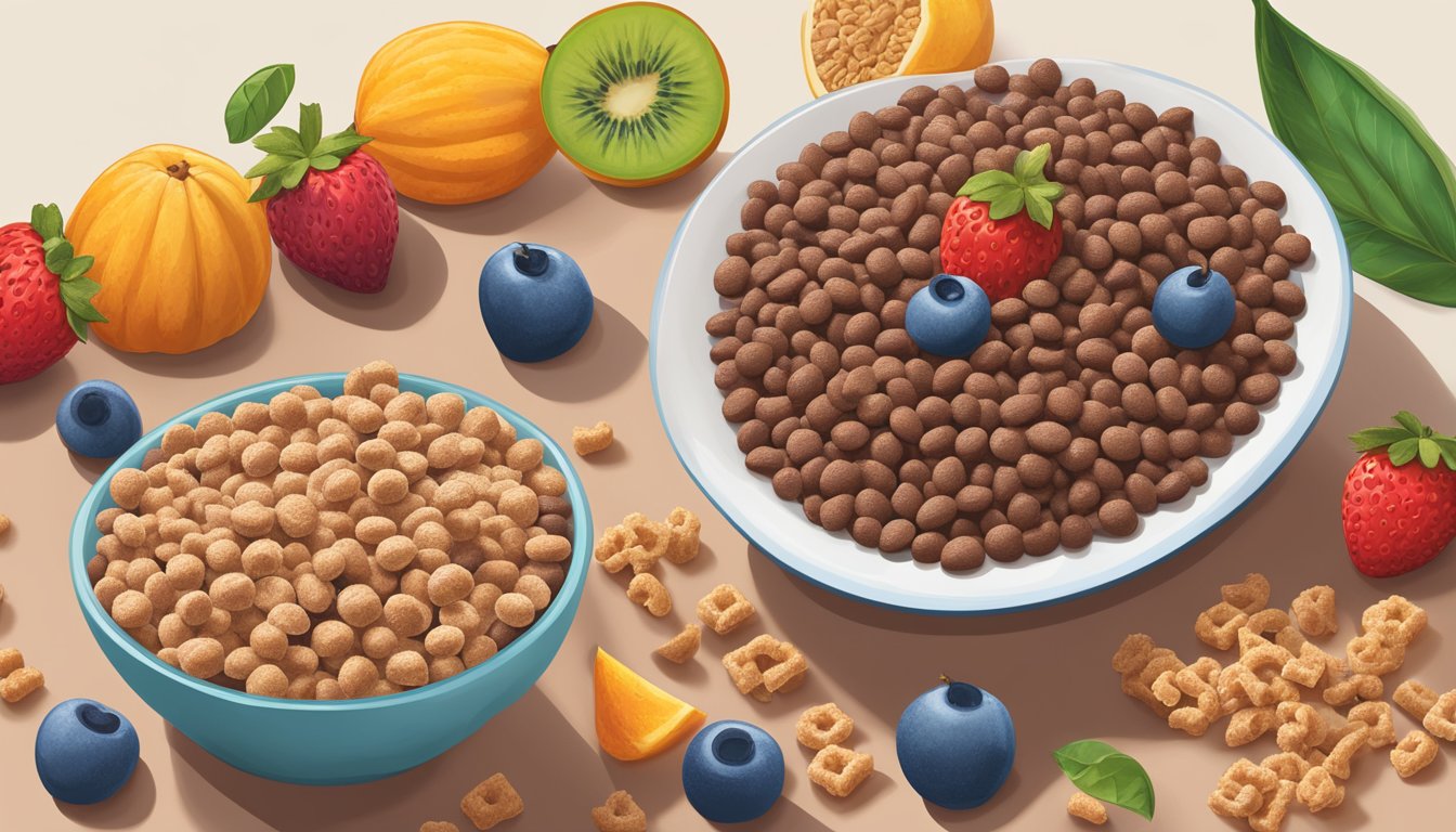 A bowl of Cocoa Krispies and a bowl of Crispix sit side by side, surrounded by images of fruits, vegetables, and a measuring tape