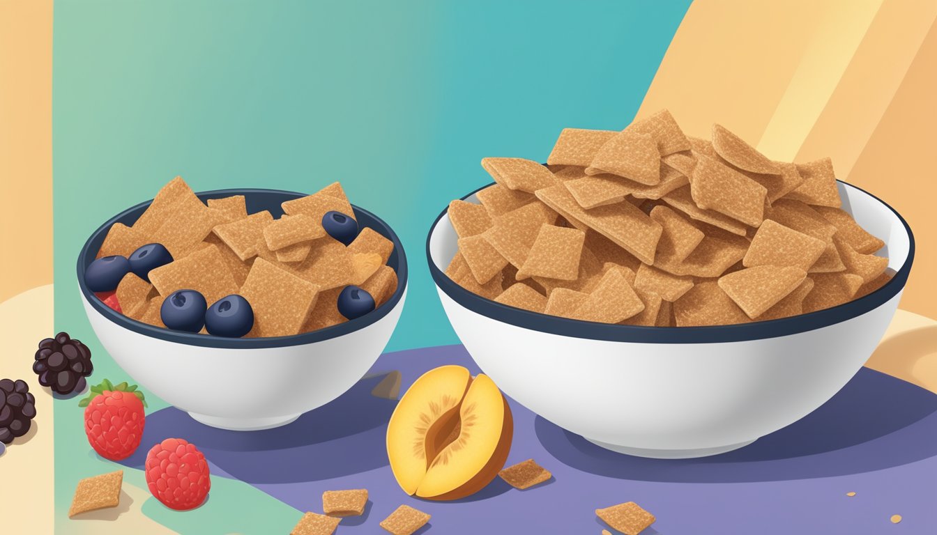 A bowl of Cinnamon Toast Crunch and a bowl of Post Raisin Bran side by side, with a measuring tape and fruits in the background