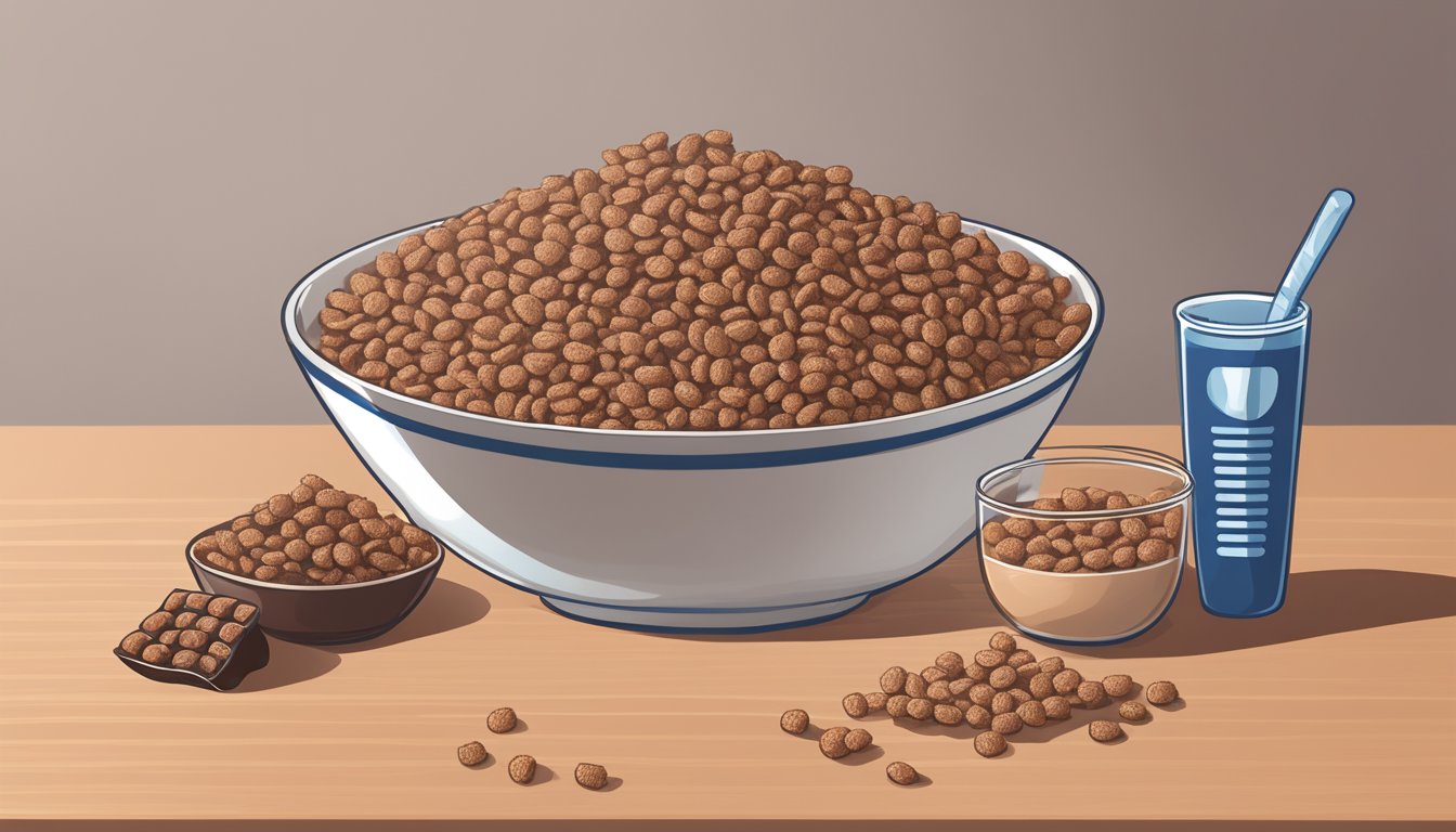 A bowl of Cocoa Krispies and a bowl of Crispix side by side, with a measuring cup next to each to illustrate serving sizes and portion control