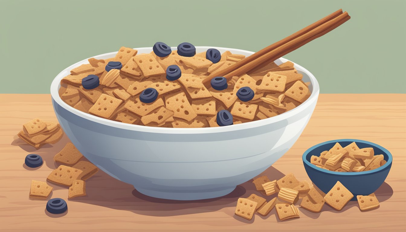 A bowl of Cinnamon Toast Crunch next to a bowl of Post Raisin Bran, surrounded by scattered cereal pieces and a measuring tape