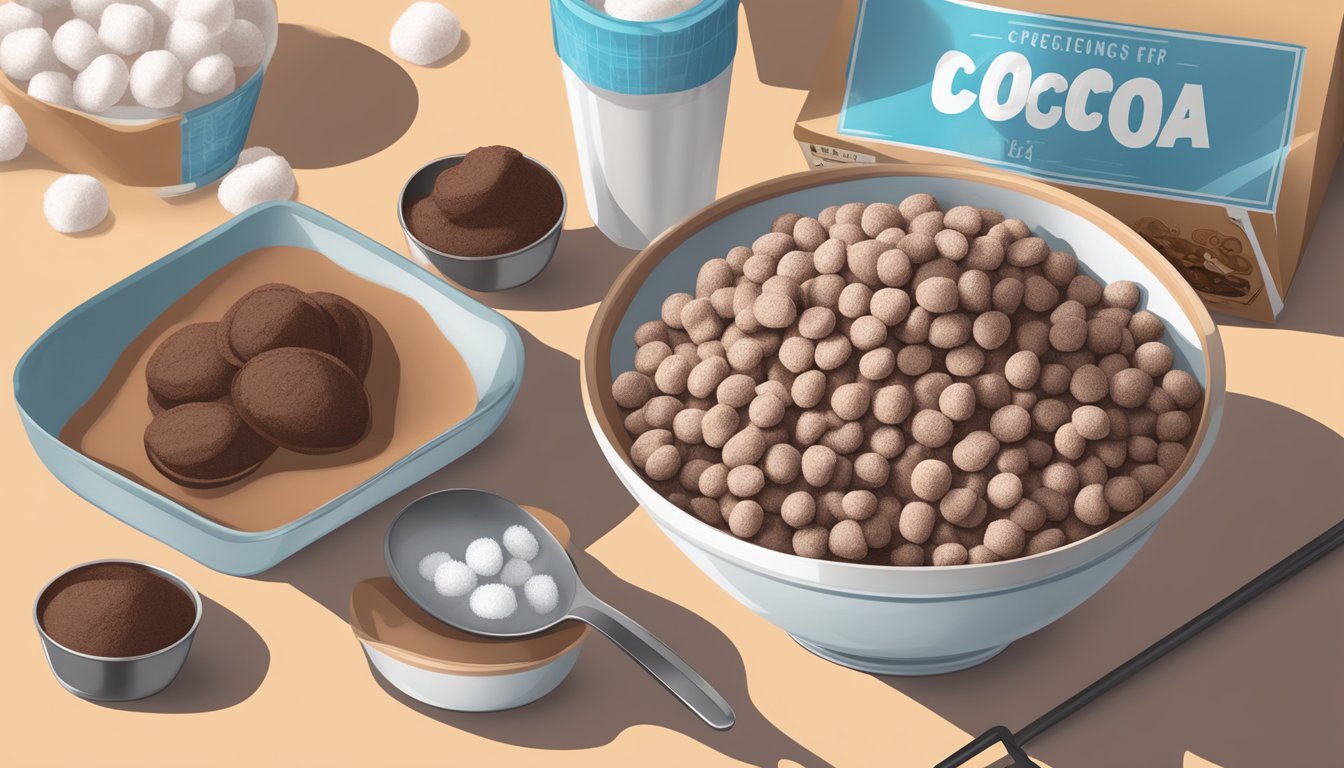 A bowl of cocoa krispies and cocoa puffs side by side, surrounded by measuring cups of sugar and a nutrition label