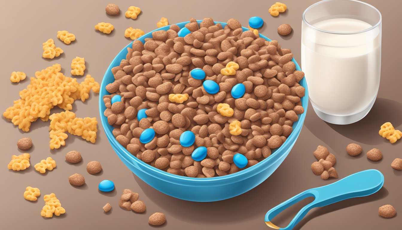 A bowl of Cocoa Krispies and Crispix side by side, with a glass of milk and a spoon, surrounded by scattered cereal pieces