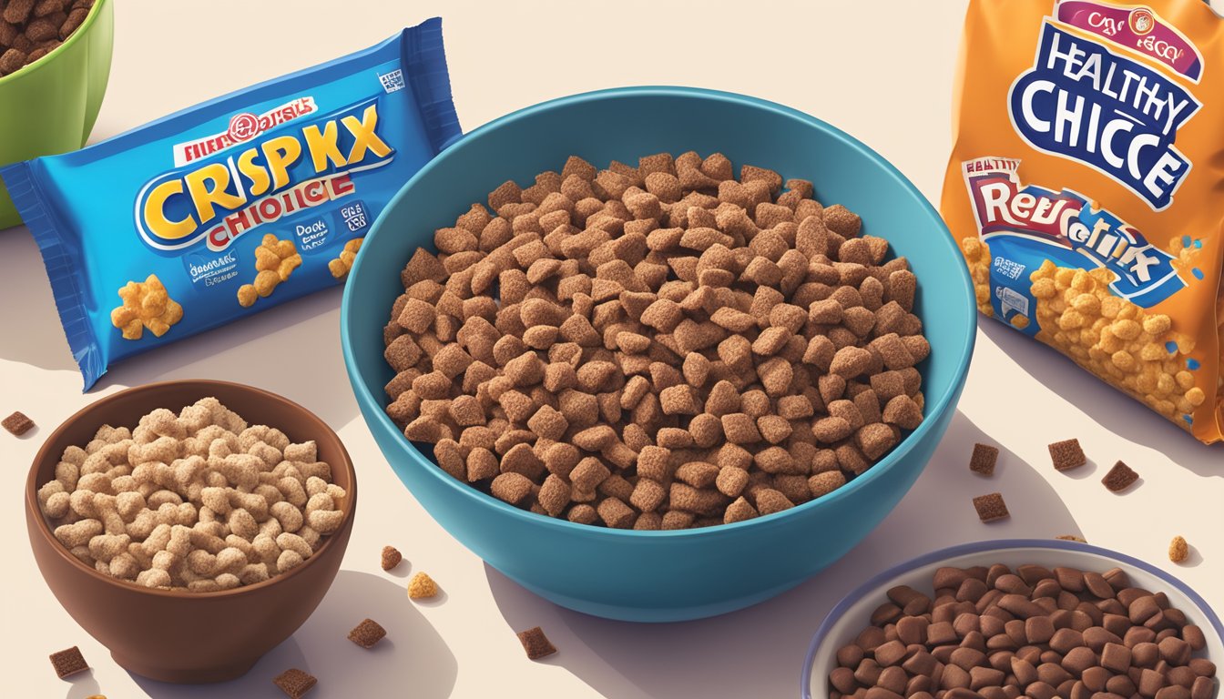 A bowl of Cocoa Krispies and Crispix surrounded by various food items, with a "healthy choice" label next to the Crispix