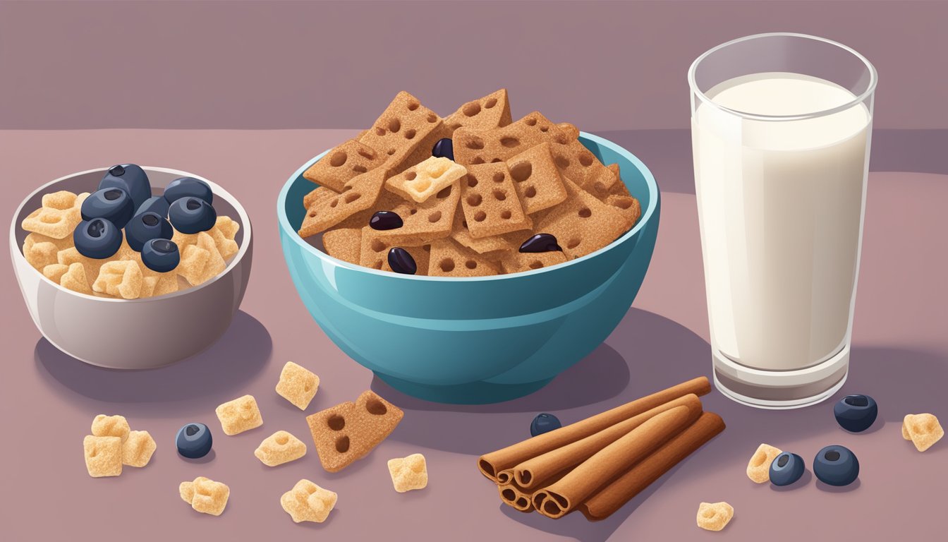 A bowl of cinnamon toast crunch next to a bowl of post raisin bran cereal, surrounded by fresh fruits and a glass of milk