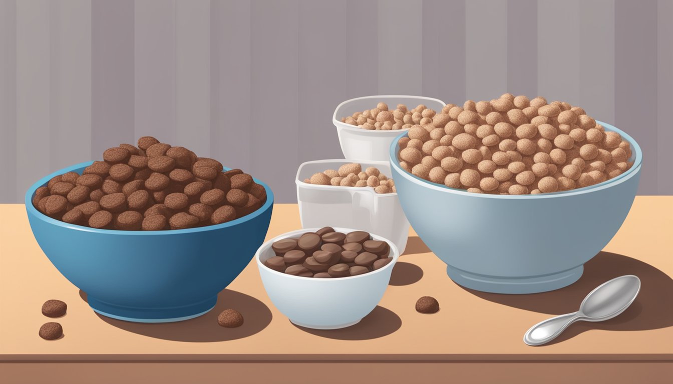 A bowl of Cocoa Krispies and a bowl of Cocoa Puffs sit side by side, surrounded by measuring cups and nutritional labels