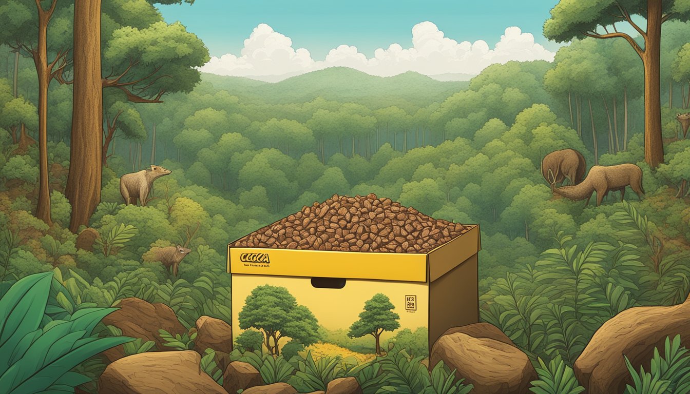 A cocoa krispies box surrounded by deforested land and wildlife, while a crispix box sits among thriving trees and animals