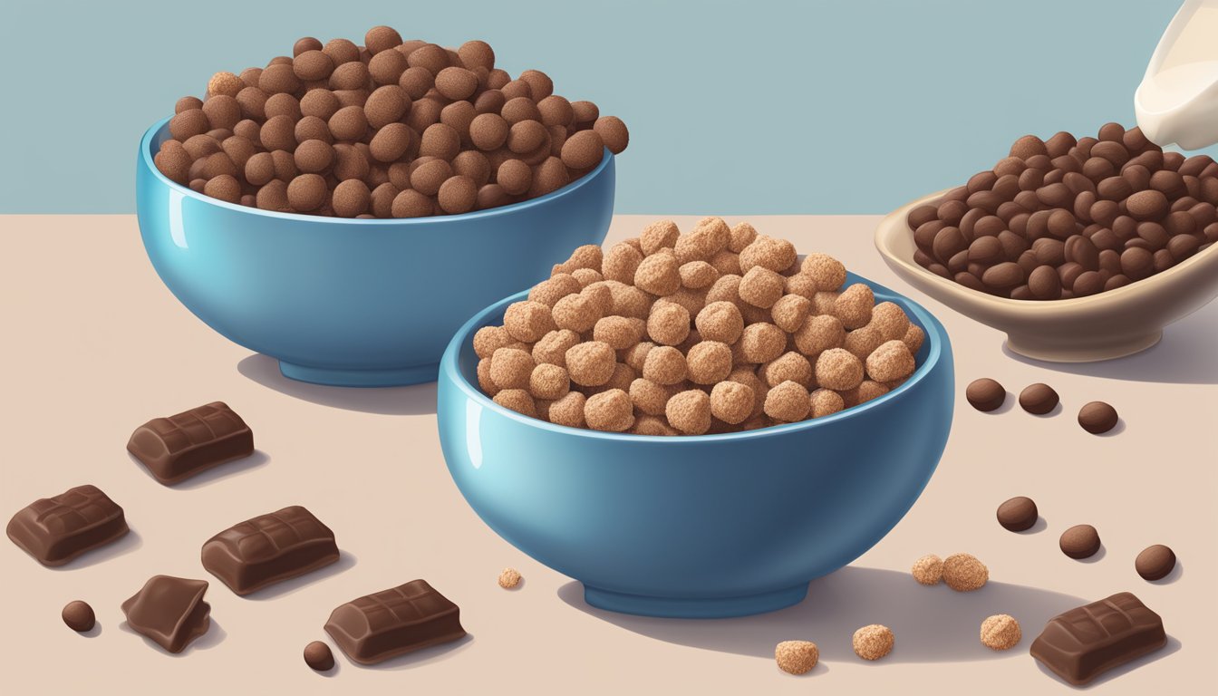 A bowl of cocoa krispies and cocoa puffs side by side, with milk pouring over them. The cocoa krispies are lighter and airier, while the cocoa puffs are round and denser