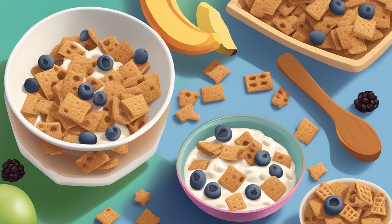 A bowl of Cinnamon Toast Crunch and a bowl of Post Raisin Bran cereal side by side, surrounded by various fruits and a glass of milk