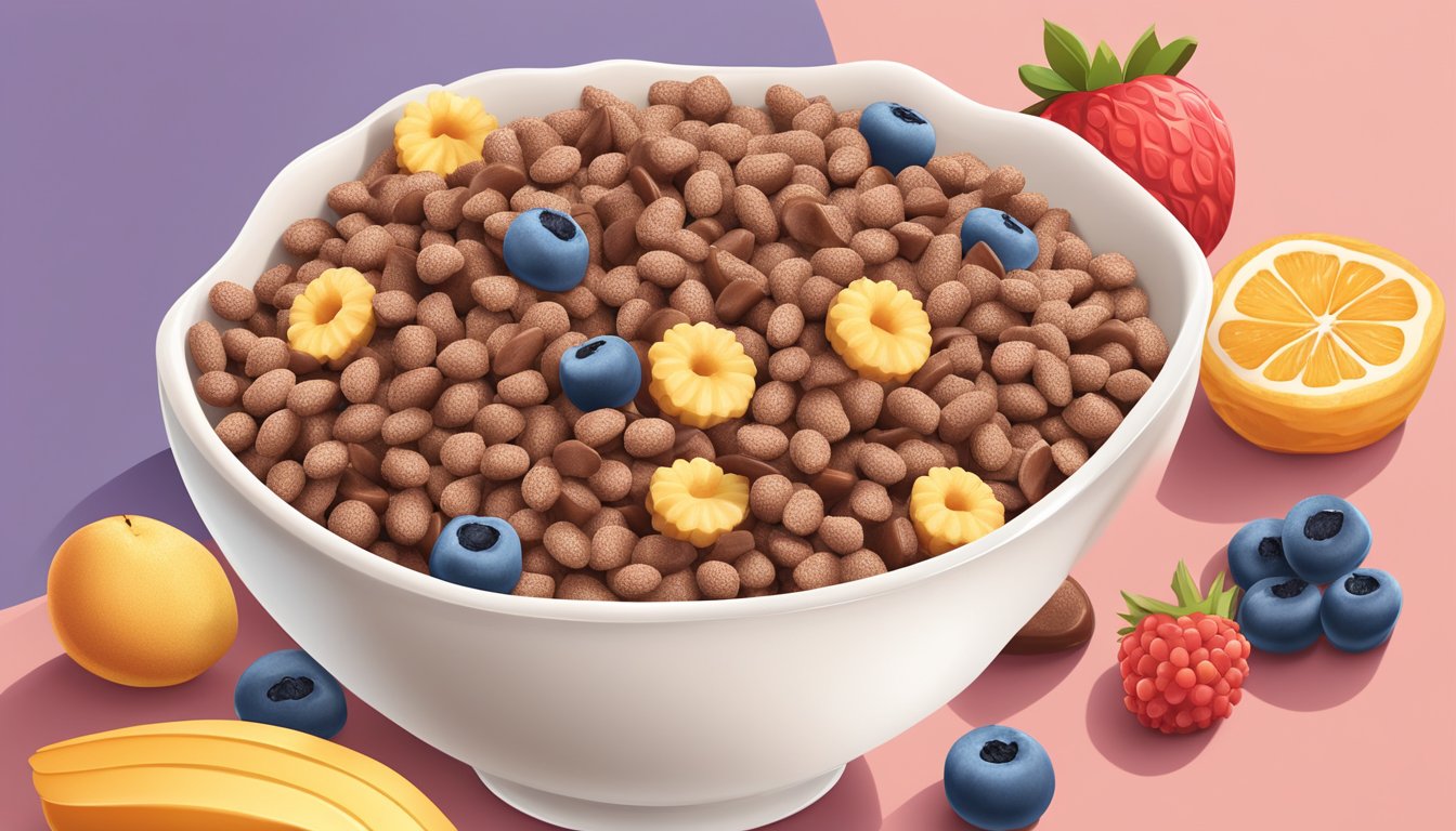 A bowl of Cocoa Krispies and a bowl of Crispix sit side by side, surrounded by a variety of fresh fruits and a glass of milk