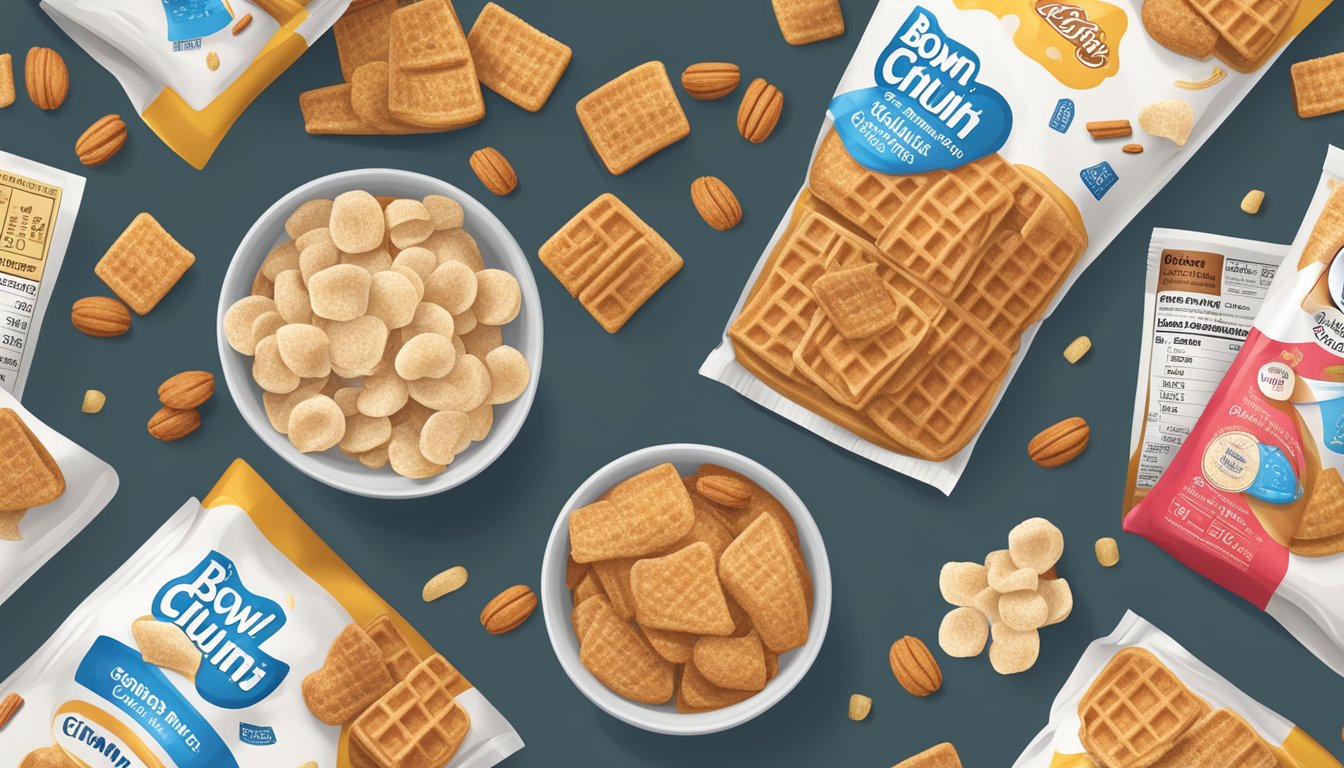 A bowl of cinnamon toast crunch and waffle crisp with nutritional labels beside them