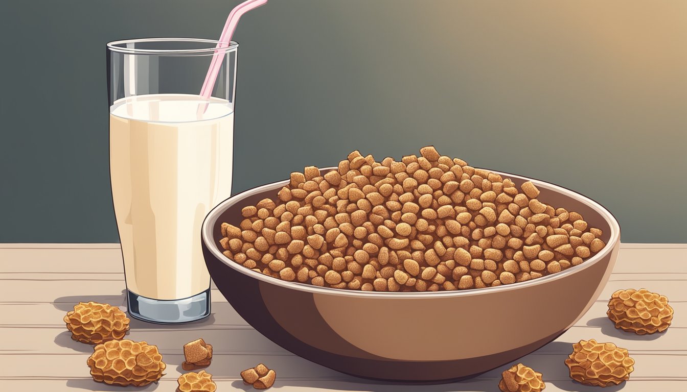 A bowl of Cocoa Krispies and a bowl of Honeycomb cereal sit side by side on a table, surrounded by various fruits and a glass of milk