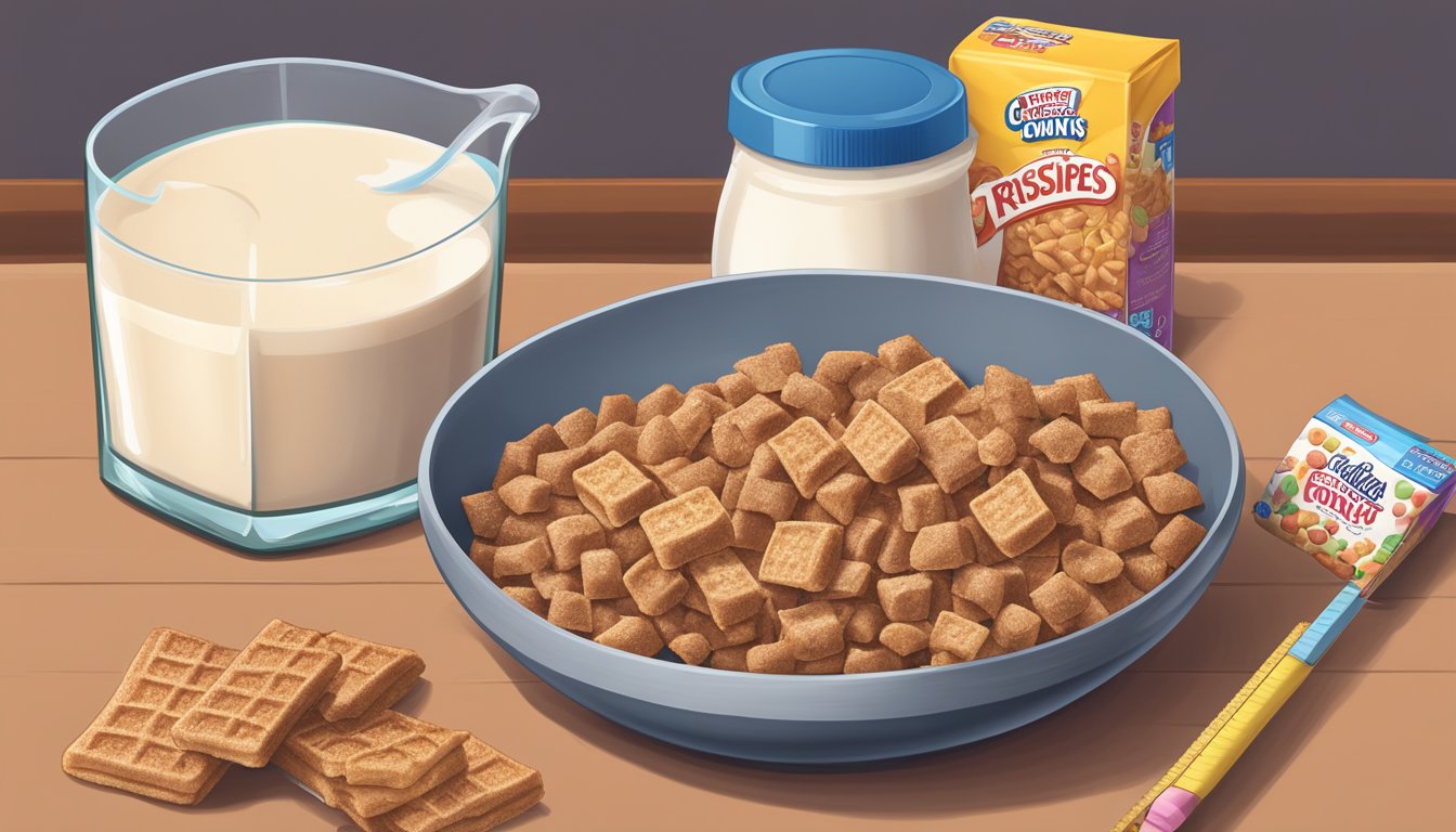 A bowl of Cocoa Krispies and French Toast Crunch sit side by side, surrounded by a measuring tape, apple, and milk carton