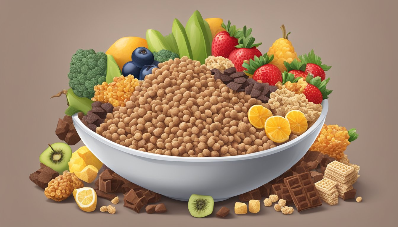 A bowl of cocoa krispies and honeycomb surrounded by various fruits and vegetables, with nutrient labels displayed next to each cereal