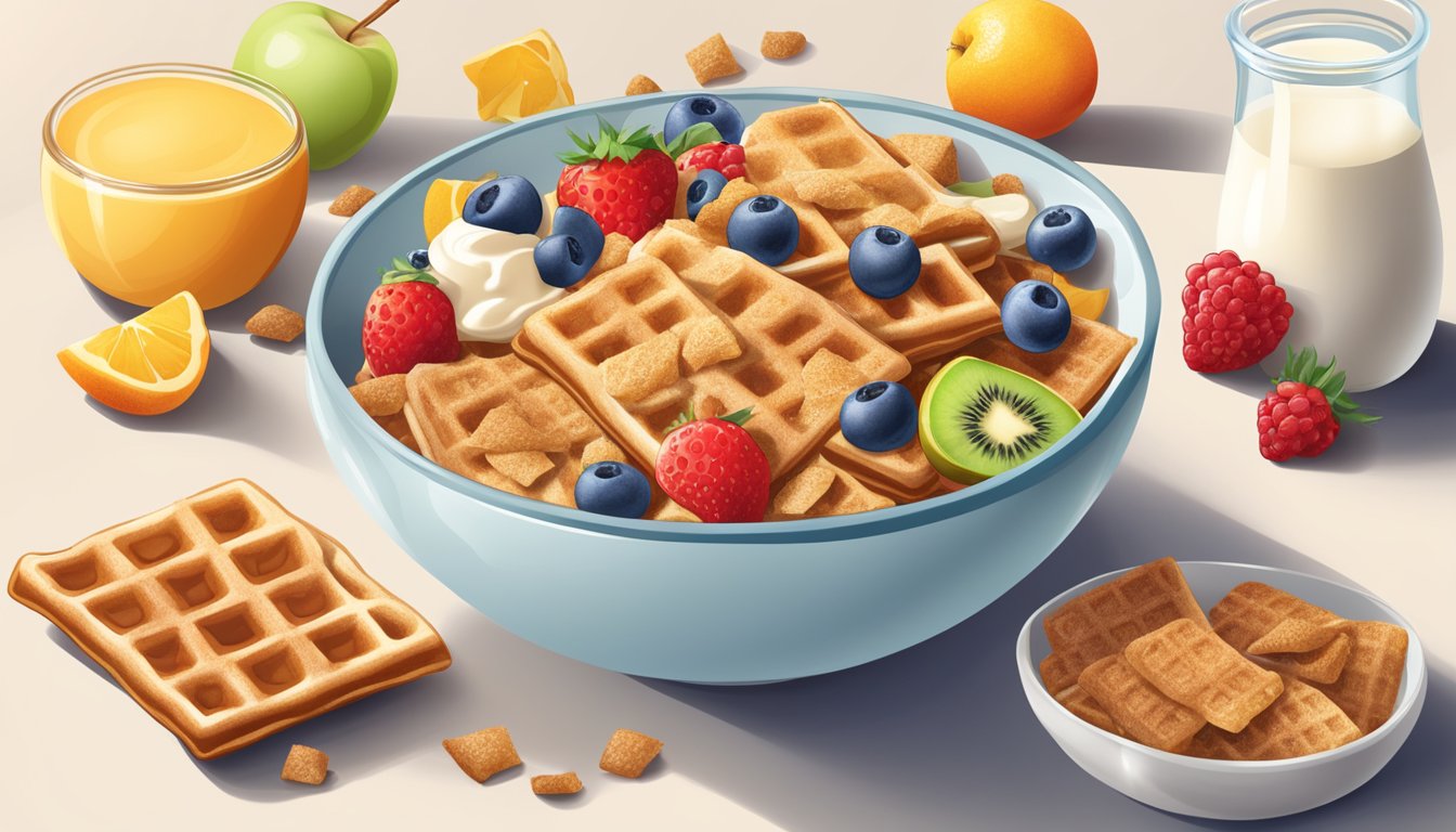 A bowl of cinnamon toast crunch and waffle crisp side by side, surrounded by a variety of fresh fruits and a glass of milk