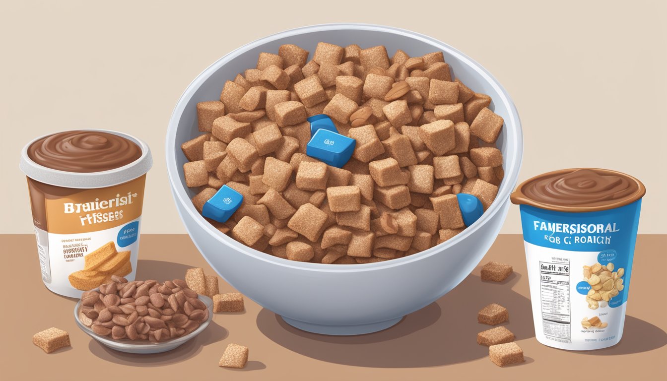 A bowl of cocoa krispies and french toast crunch sit side by side, surrounded by measuring cups and nutrition labels