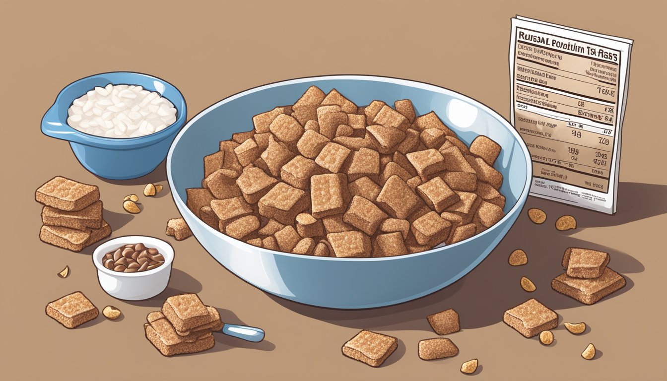 A bowl of Cocoa Krispies and French Toast Crunch surrounded by nutritional labels and a scale