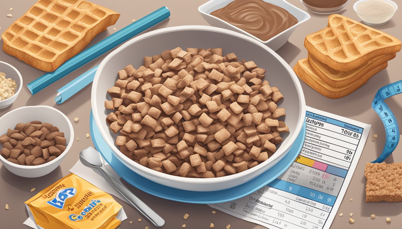 A bowl of Cocoa Krispies and French Toast Crunch surrounded by nutritional labels and a measuring tape