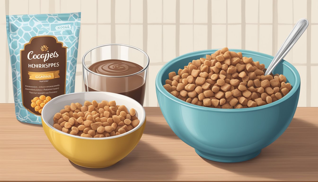 A bowl of Cocoa Krispies and a bowl of Honeycomb cereal sit side by side on a table, surrounded by measuring cups and nutritional labels