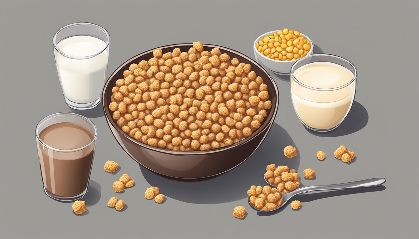 A bowl of Cocoa Krispies and Corn Pops side by side, with a glass of milk and a spoon, surrounded by scattered cereal pieces