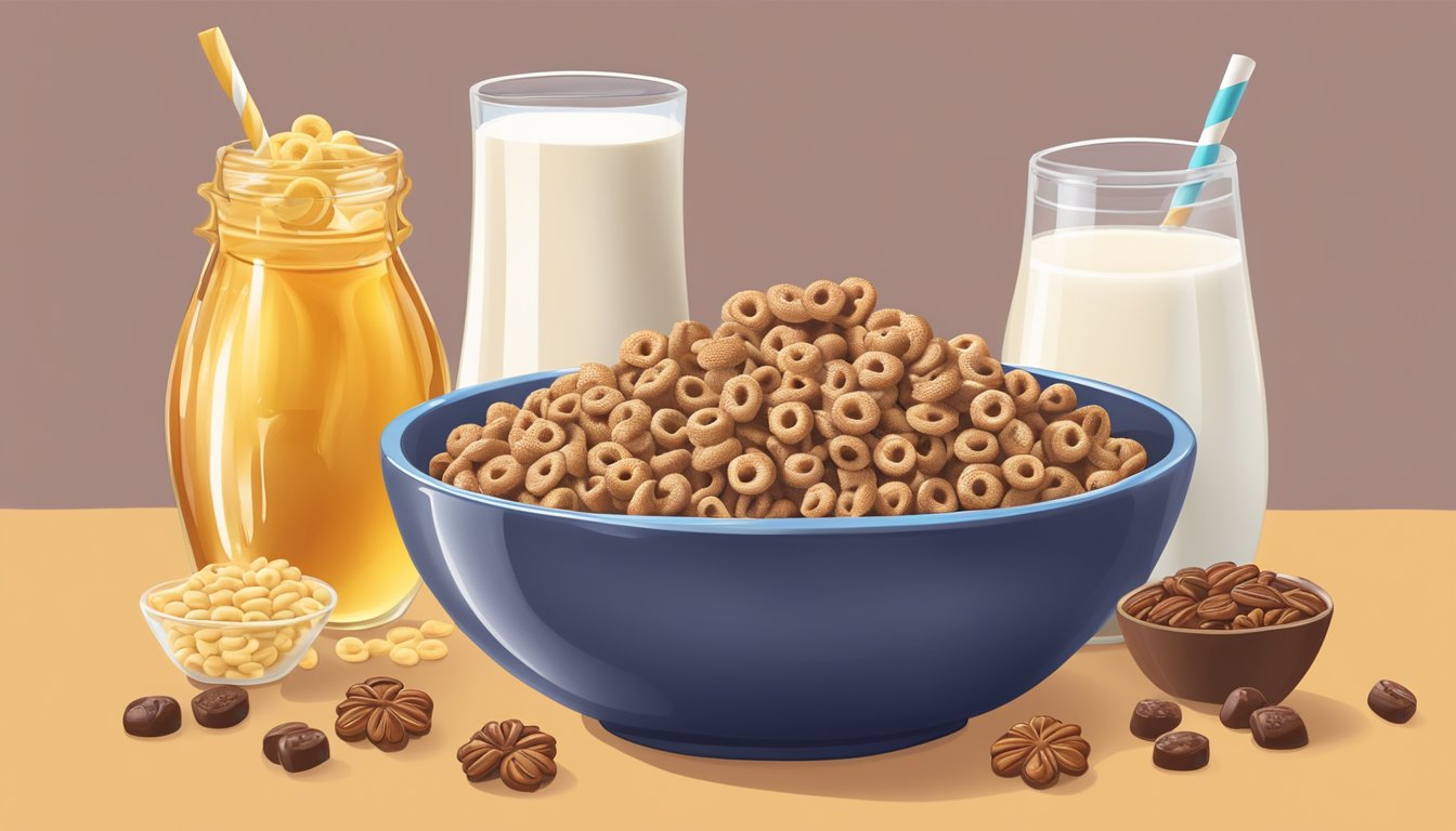 A bowl of Cocoa Krispies and a bowl of Honey Nut Cheerios next to each other, surrounded by fresh fruits and a glass of milk