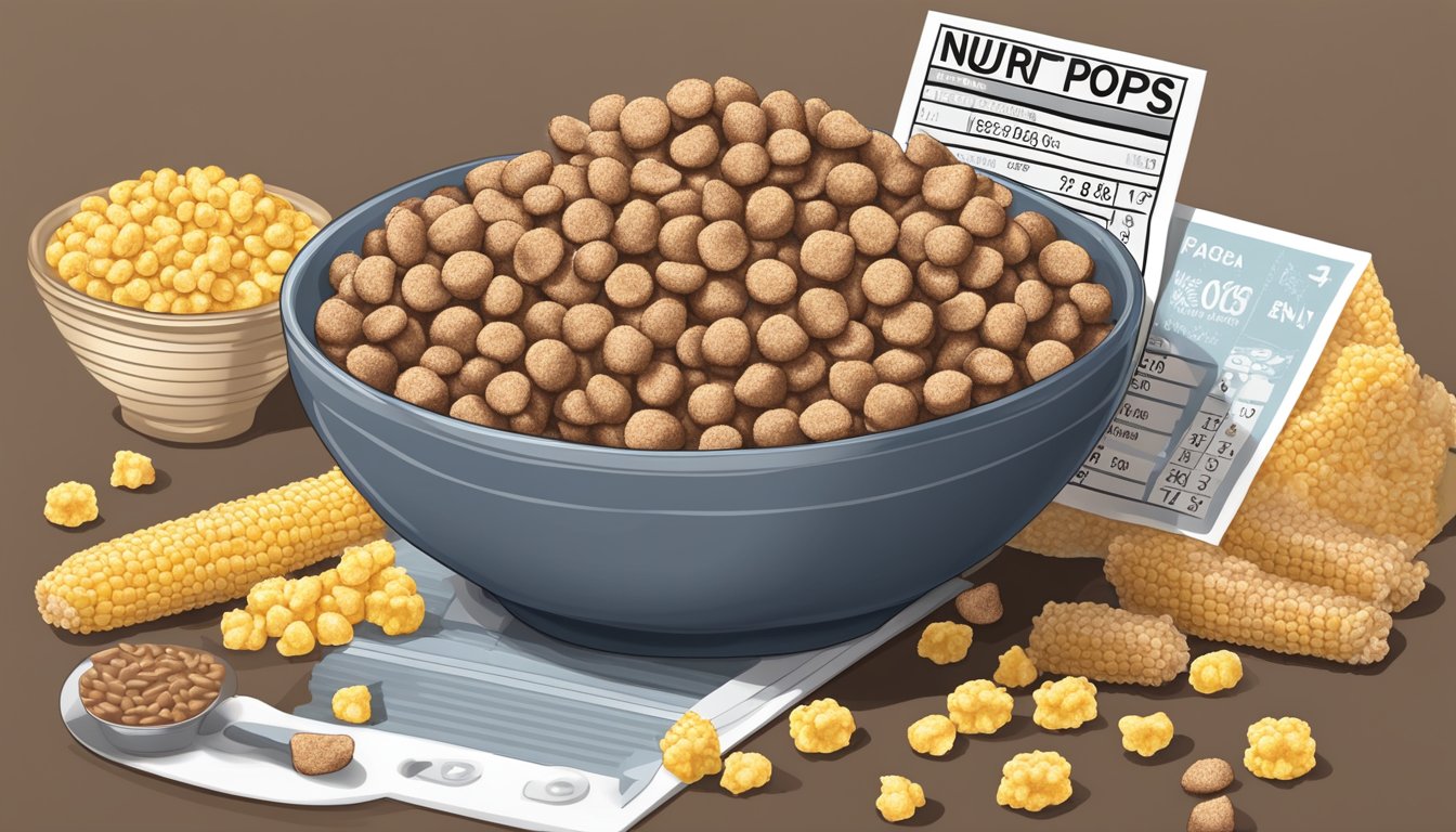 A bowl of Cocoa Krispies and Corn Pops with nutrition labels and a scale