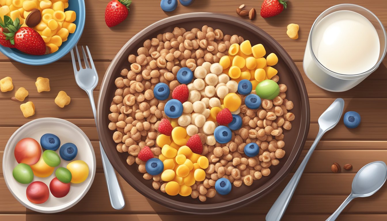 A bowl of cocoa krispies and corn pops with milk, surrounded by a variety of fresh fruits and nuts on a wooden breakfast table