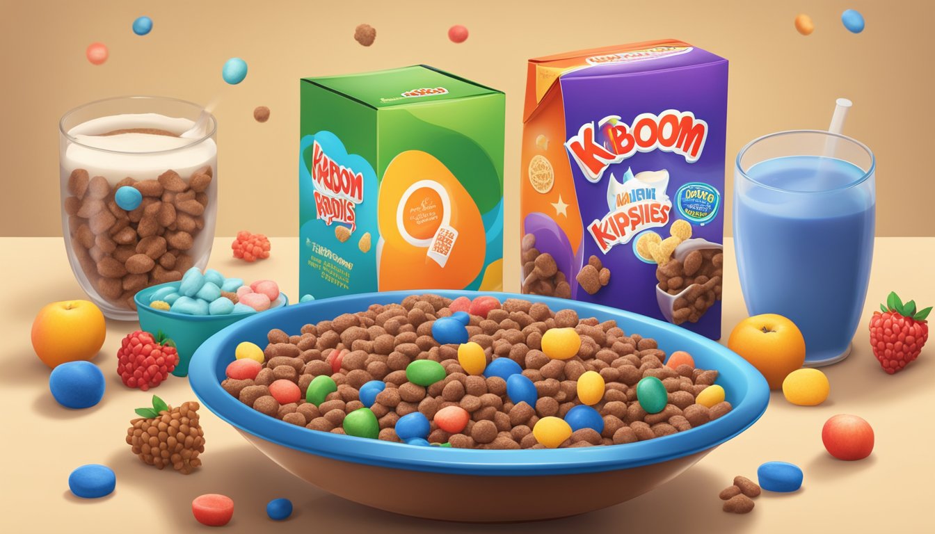 A colorful bowl of Cocoa Krispies and Kaboom cereal side by side, surrounded by milk cartons and fresh fruit