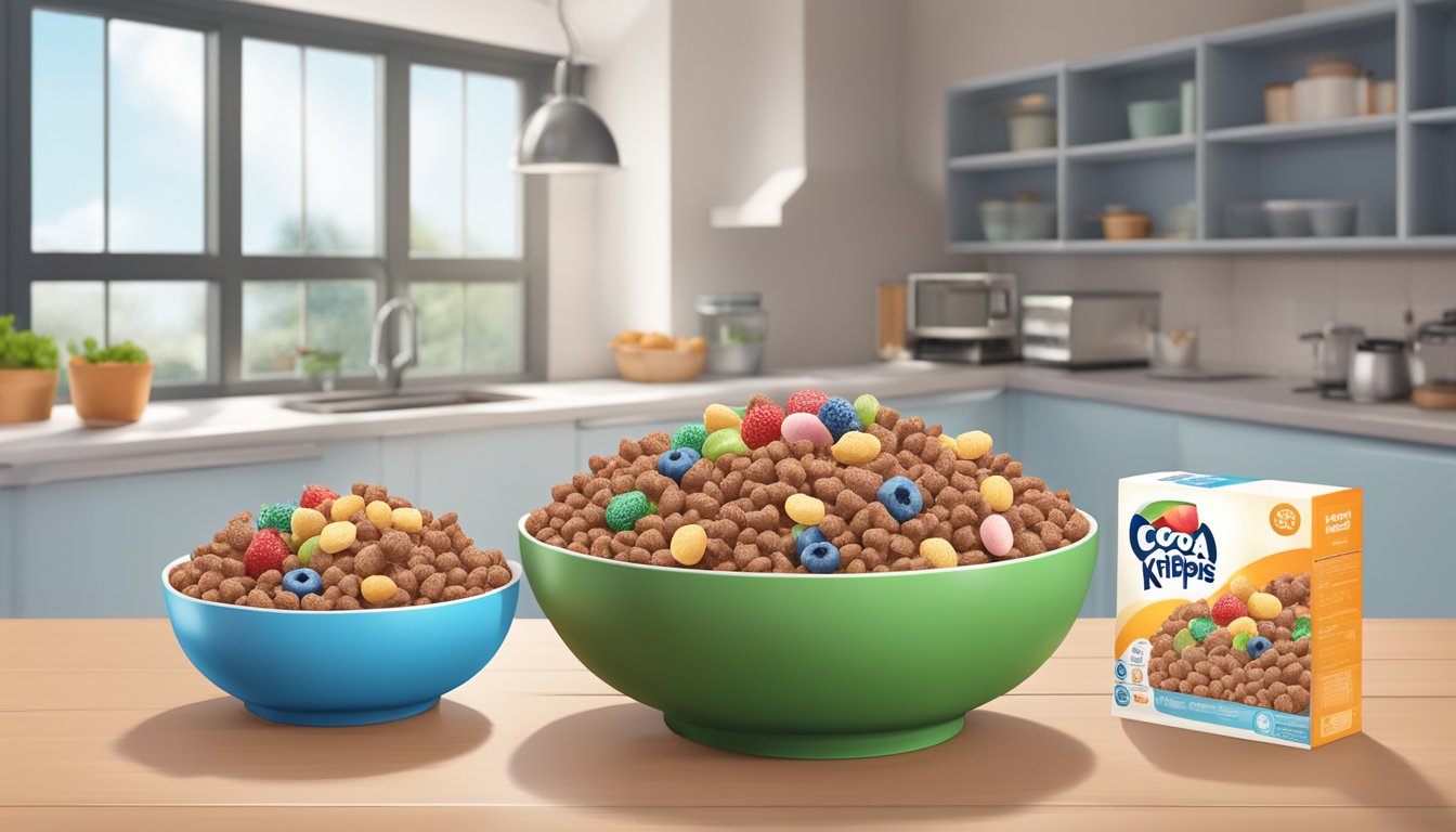 A bowl of Cocoa Krispies and Kaboom cereal with nutritional labels and a variety of fruits and milk on a kitchen table