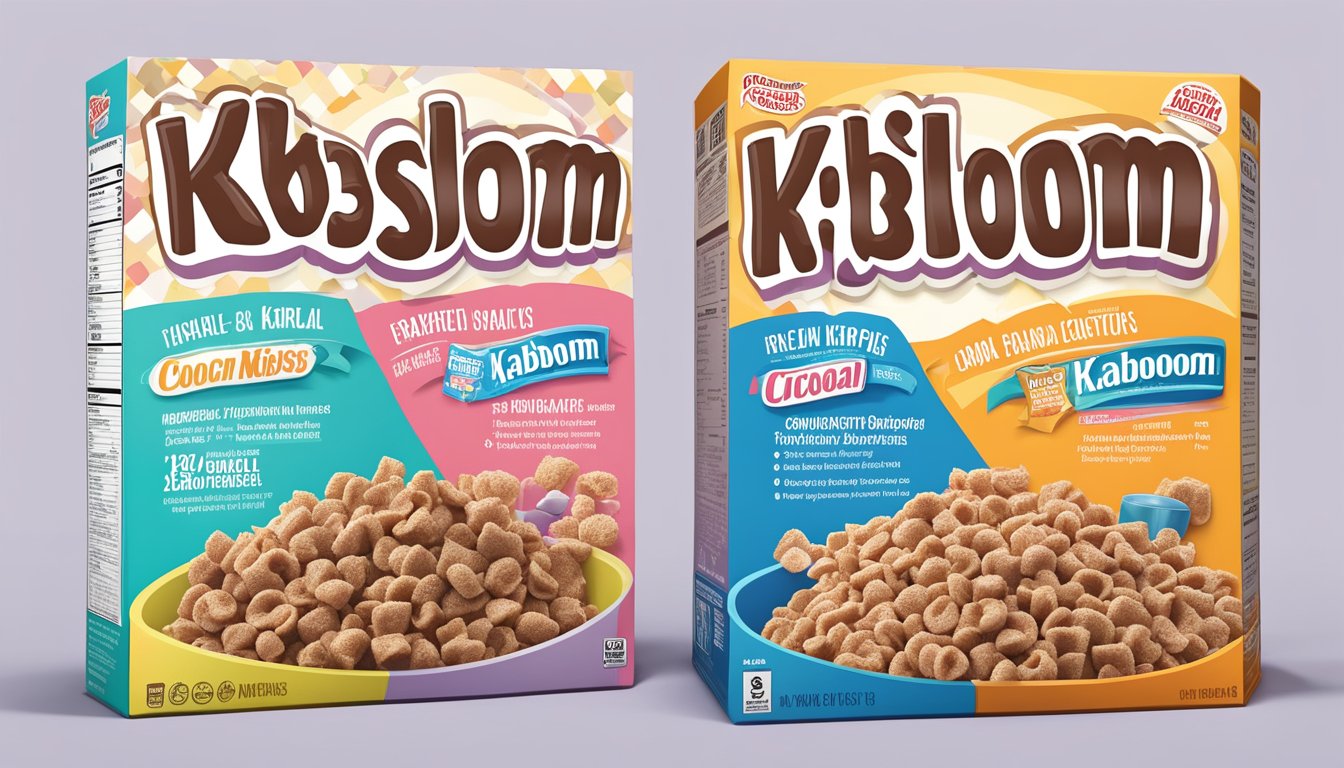 A comparison of Cocoa Krispies and Kaboom cereal boxes with nutrition labels and ingredient lists displayed side by side