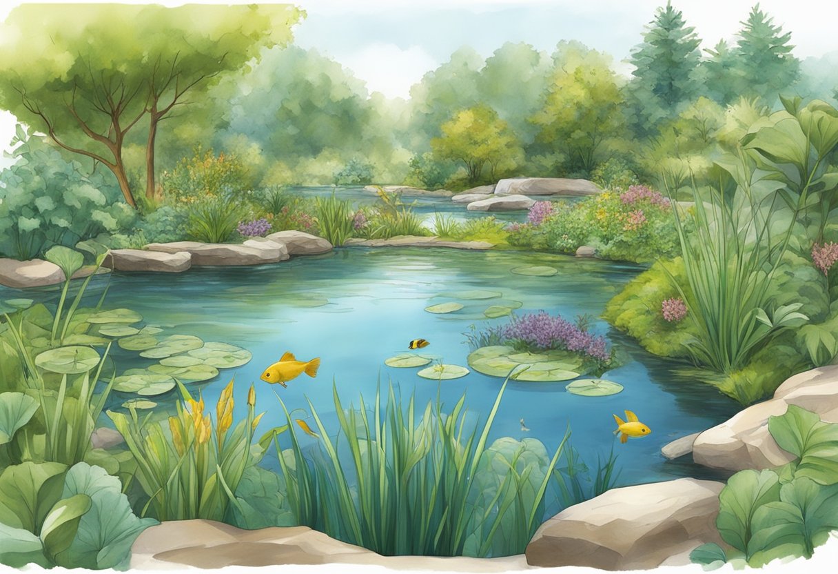 A pond with diverse aquatic plants and animals thriving alongside a biological filtration system