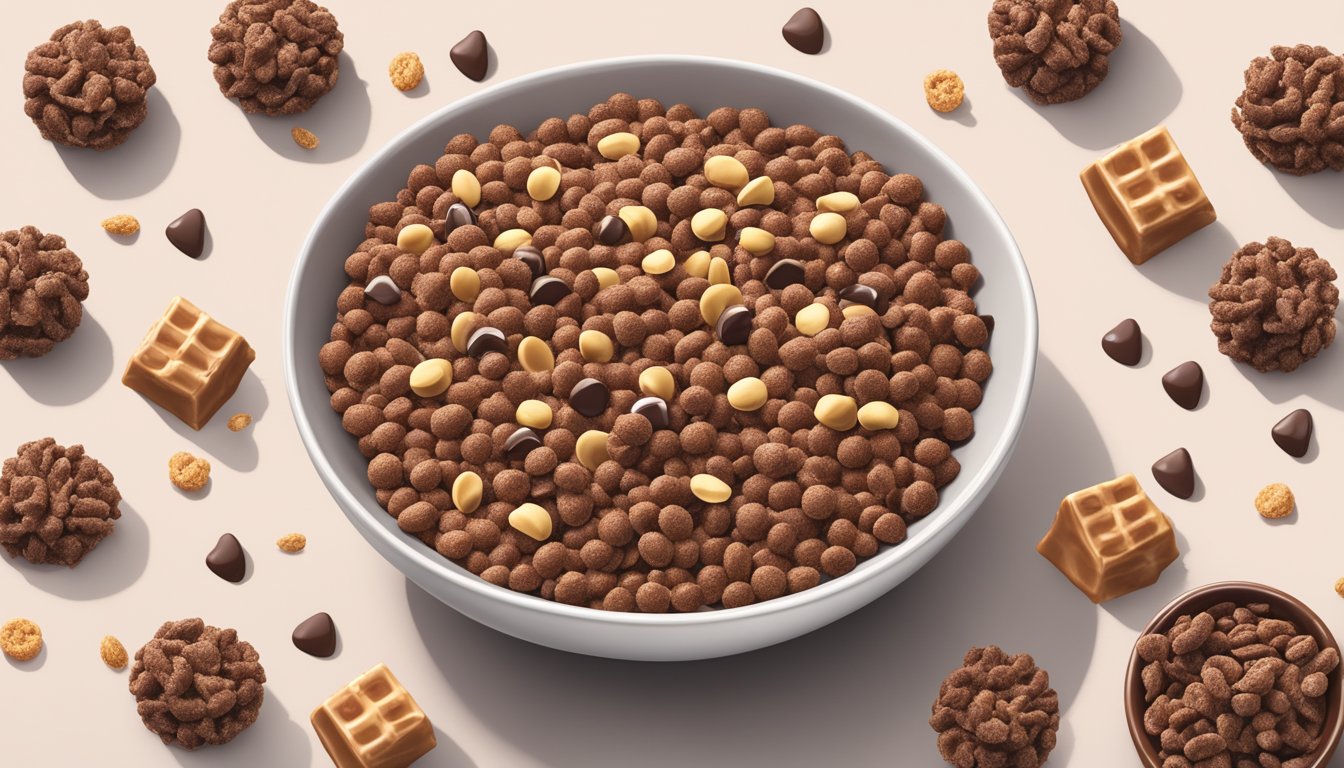 A bowl of Cocoa Krispies and Krave cereal side by side, surrounded by scattered chocolate pieces and milk splashes